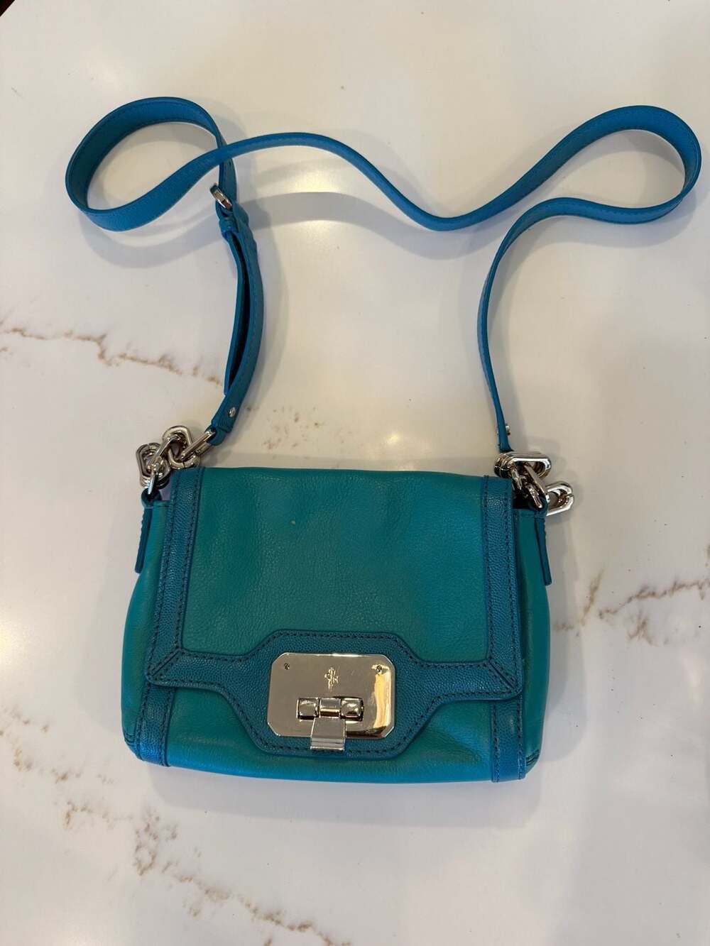 Cole Haan Teal Grainy Leather Crossbody Bag with Push Lock Closure
